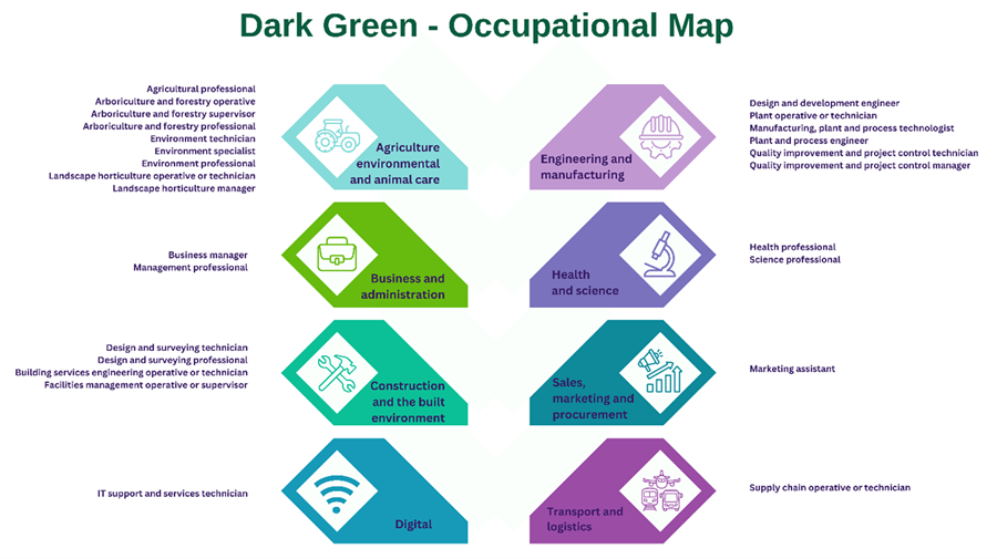 Coloured shapes and writing showing the dark green occupational map